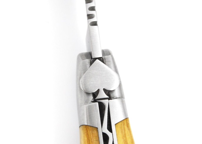 Laguiole knife 12 cm, ace of spades, blade and corkscrew, olivewood