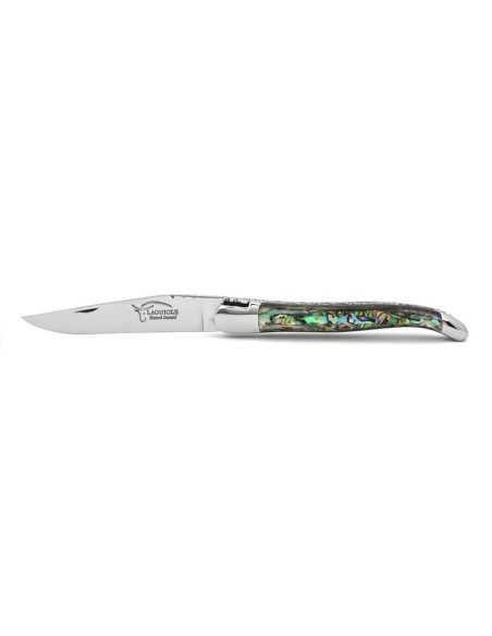 Laguiole Klappmesser, 12 cm, einfach gemeißelte Platten, Einzelklinge, Heftbacken aus glänzendem Edelstahl, Griff aus Seeohren