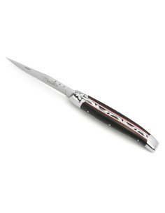 Laguiole Klappmesser, 11 cm, Geschmiedete Biene, Heftbacken aus glanzendem Edelstahl, Griff aus Karbonfaser mit rot Vulkanfiber