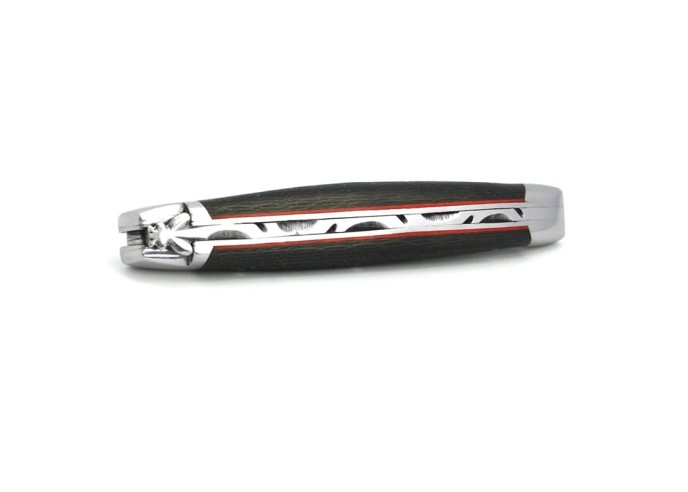 Laguiole pocket knife, 11 cm, forged bee, shiny stainless steel bolsters, carbon fiber handle with red vulcanized fiber