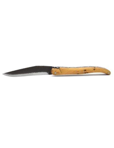 Laguiole 12cm,  Edelstahl als 'brut de forge' Klinge, Doppelplatinen, Heftbacken aus glänzendem Edelstahl, Wacholderholz.