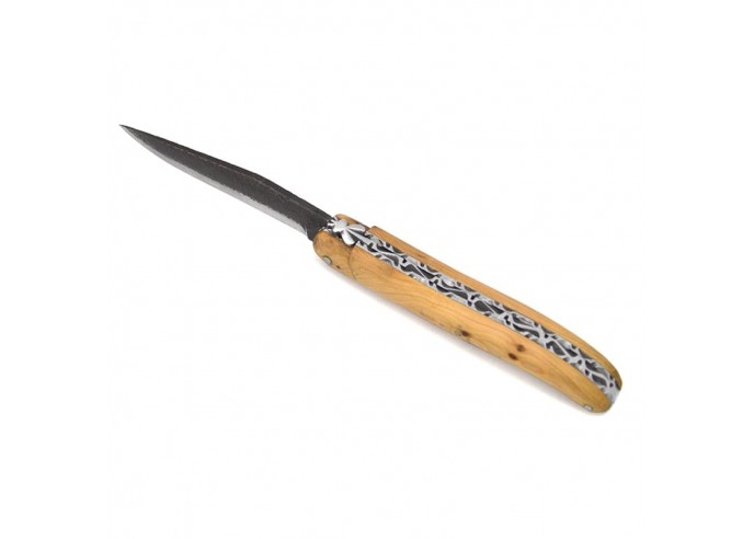 Laguiole pocket knife, 12 cm, brut de forge blade, double plates, juniper full handle with matt finish