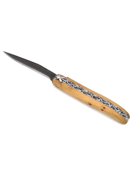 Laguiole 12cm,  Edelstahl als 'brut de forge' Klinge, Doppelplatinen, Heftbacken aus glänzendem Edelstahl, Wacholderholz.