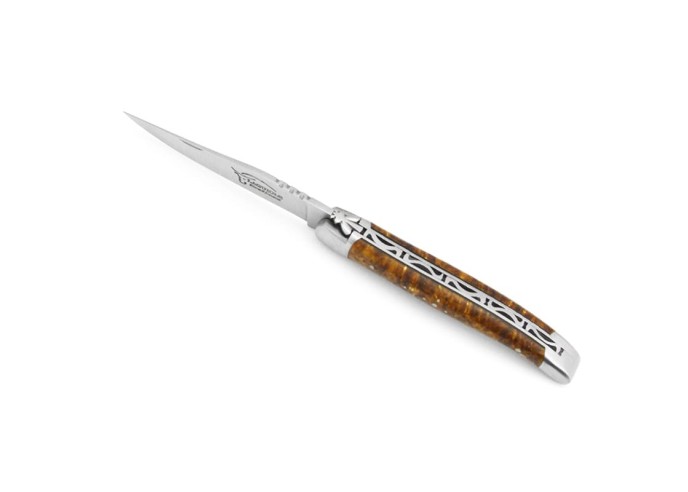 Laguiole Klappmesser, 12cm, Geschmiedete Biene, Heftbacken aus glänzendem Edelstahl, Griff aus Wacholderholz