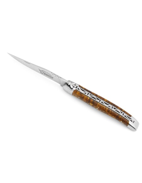 Laguiole pocket knife, 12 cm, forged bee, juniper handle with shiny bolsters