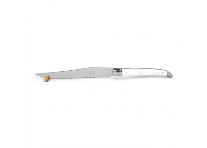 Laguiole bread knife with shiny stainless steel bolsters. White corian handle