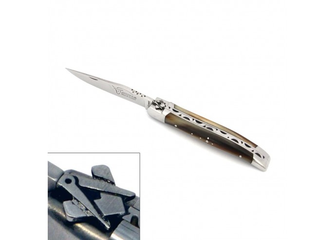 Laguiole pocket knife, 10 cm, freemason bee, dark horn tip handle with shiny bolsters
