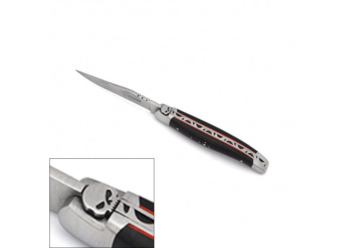 Laguiole pocket knife, 11 cm, skull, ebony handle with matt  bolsters & red spacer
