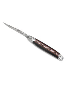 Laguiole 12cm, oben und unten am Schleifstein ziseliert , Heftbacken aus mattem Edelstahl, Ebenholz mit rot Vulkanfiber