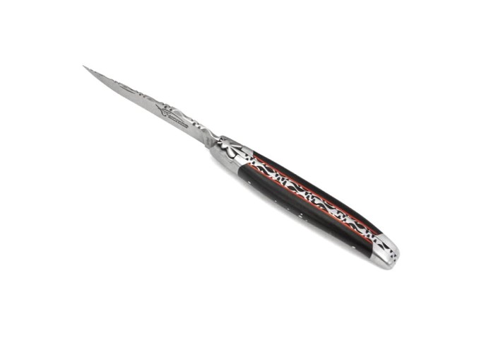 Laguiole pliant 12 cm ciselé dessus-dessous, manche bois d'ébène