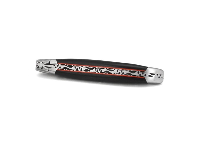 Laguiole pocket knife, 12 cm, forged bee, top and bottom chiseling, ebony wood handle with shiny bolsters