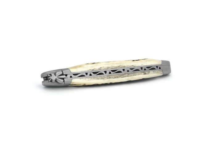Laguiole pliant, 13 cm, abeille forgée, lame seule, mitres inox mat, manche en bois de cerf