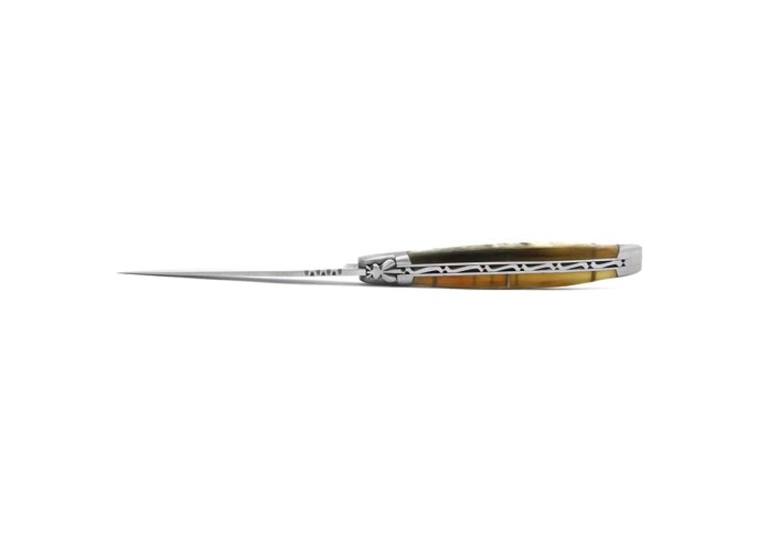 Laguiole Klappmesser, 13cm, Geschmiedete Biene, Heftbacken aus mattem Edelstahl, Griff aus Widder horn mit kruste