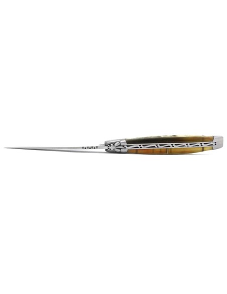 Laguiole pocket knife, 13 cm, forged bee, Ram horn with crust handle with matt bolsters