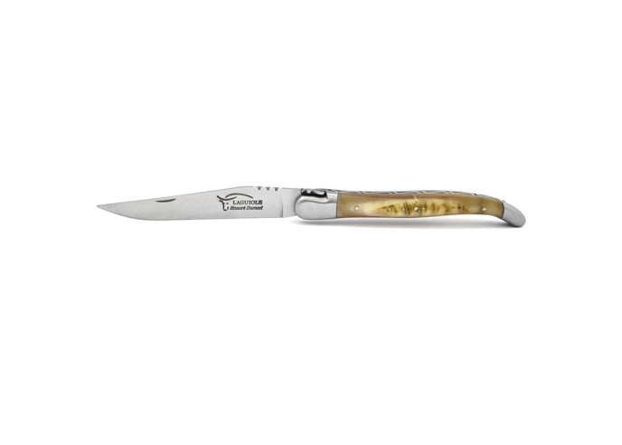 Laguiole Klappmesser, 13cm, Geschmiedete Biene, Heftbacken aus mattem Edelstahl, Griff aus Widder horn mit kruste