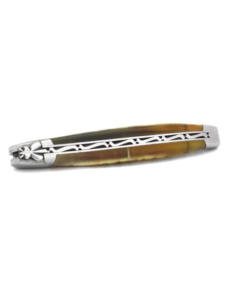 Laguiole pliant, 13 cm, abeille forgée, lame seule, mitres inox mat, manche bélier avec croûte