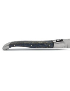Laguiole pliant, 12 cm, abeille forgée, lame carbone, mitres inox mat, manche Hêtre teinté bleu 2