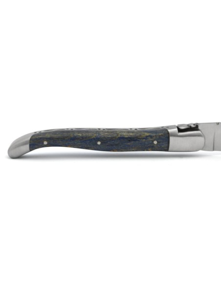 Laguiole Klappmesser, 12cm, Carbonstahl Klinge, Heftbacken aus mattem Edelstahl, Griff aus Buche blau