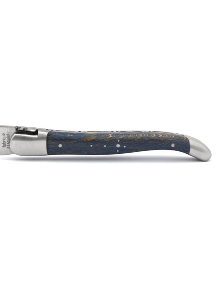 Laguiole Klappmesser, 12cm, Carbonstahl Klinge, Heftbacken aus mattem Edelstahl, Griff aus Buche blau