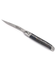 Laguiole Klappmesser, 12cm, Carbonstahl Klinge, Heftbacken aus mattem Edelstahl, Griff aus Buche blau
