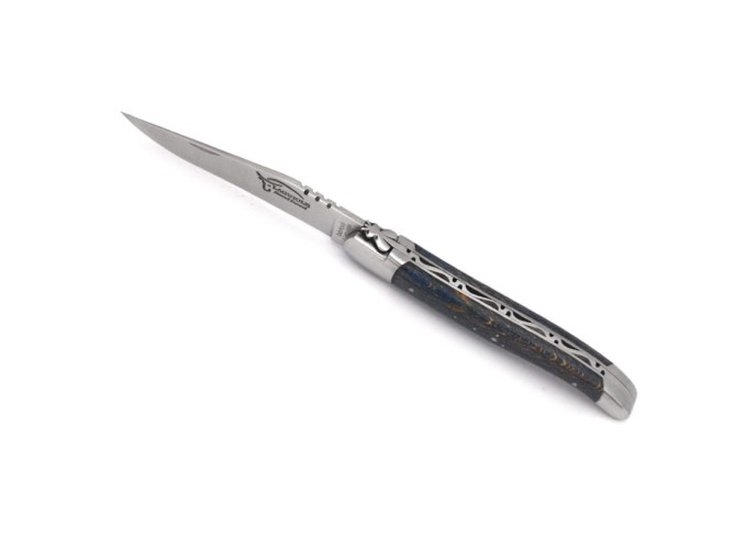 Laguiole pocket knife, 12 cm, forged bee,  blue-stained beech handle with matt bolsters