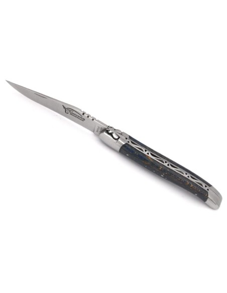 Laguiole pocket knife, 12 cm, forged bee,  blue-stained beech handle with matt bolsters
