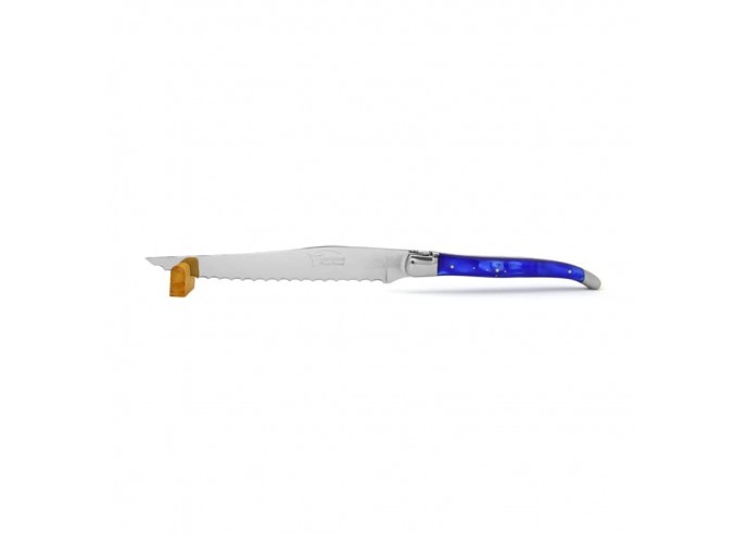 Laguiole bread knife with shiny stainless steel bolsters. Slim blue acrylic handle