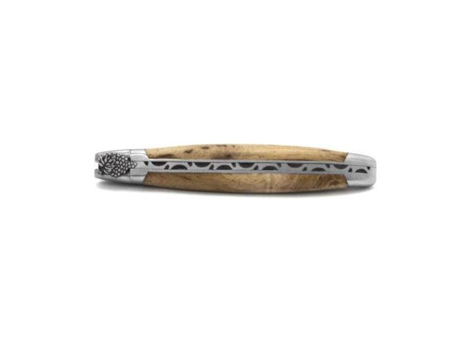 Laguiole pliant, 12 cm, grappe de raisin, lame seule, mitres inox mat, manche cep de vigne