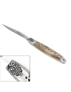 Laguiole Klappmesser, 12cm, Traubenstraubenmuster, einzelne Klinge, Griff aus Weinbaum