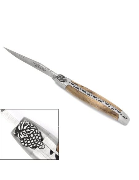 Laguiole Klappmesser, 12cm, Traubenstraubenmuster, einzelne Klinge, Griff aus Weinbaum