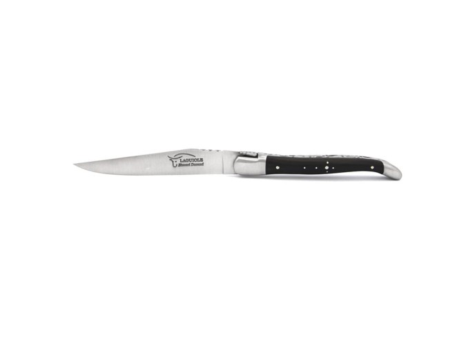 Laguiole Steakmesser, Doppelplatinen ziseliert, Heftbacken aus mattem Edelstahl, breiterer Griff aus Hornspitze