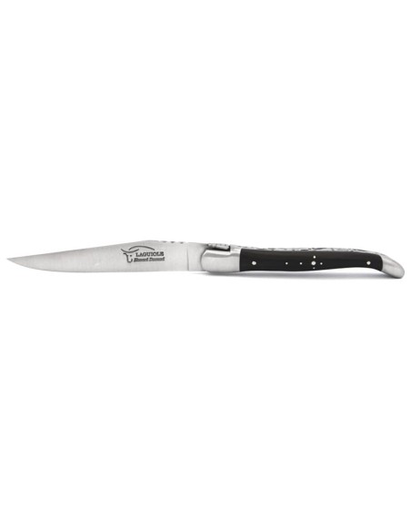 Laguiole Steakmesser, Doppelplatinen ziseliert, Heftbacken aus mattem Edelstahl, breiterer Griff aus Hornspitze
