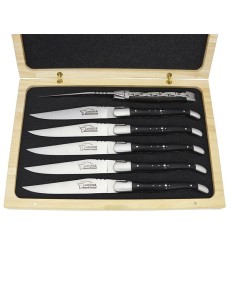 Coffret de couteaux de table Laguiole, doubles platines ciselées, mitres inox mat, manche galbé en bois d'ébène
