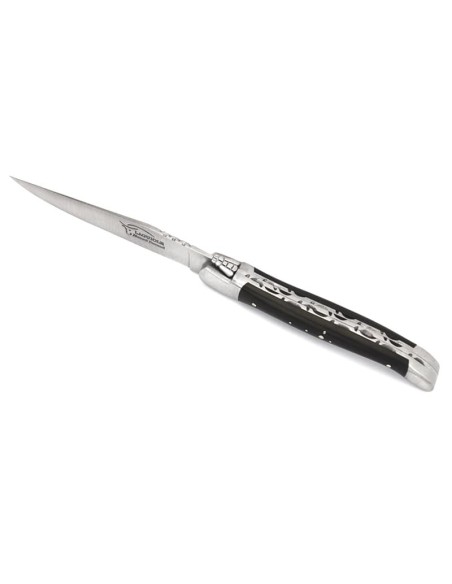 Laguiole Steakmesser, Doppelplatinen ziseliert, Heftbacken aus mattem Edelstahl, breiterer Griff aus Hornspitze