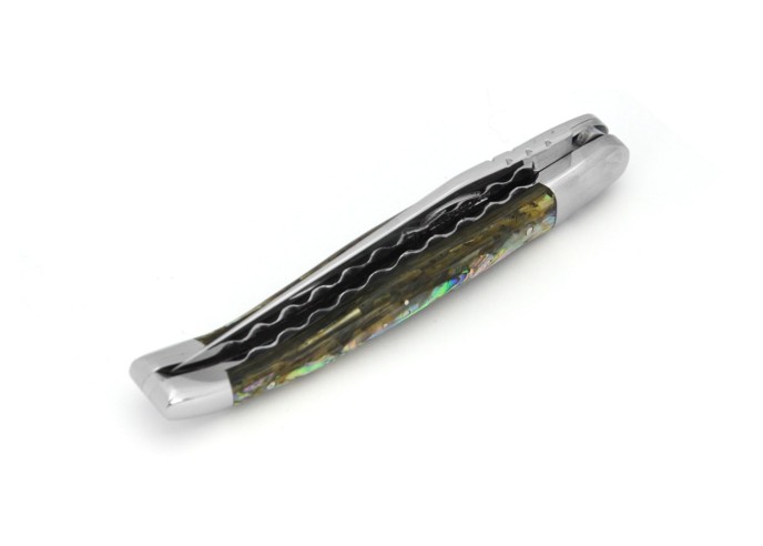 Laguiole pocket knife, 12 cm, chiseled forged bee, blade only, shiny steel bolsters, abalone handle