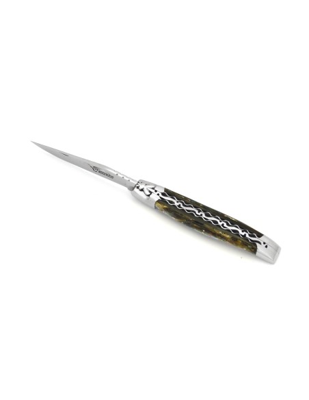 Laguiole pliant, 12 cm, abeille forgée, lame seule,  doubles platines ciselées, fintion brillant, manche en abalone