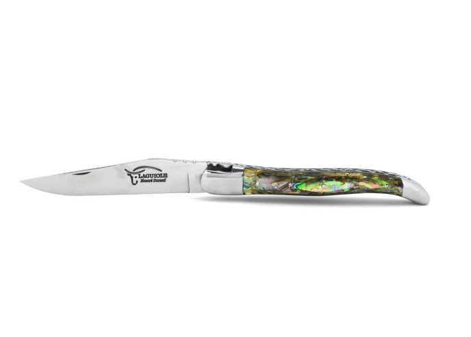 Laguiole pocket knife, 12 cm, chiseled forged bee, blade only, shiny steel bolsters, abalone handle