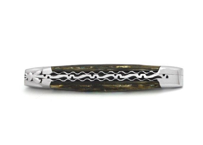 Laguiole pocket knife, 12 cm, chiseled forged bee, blade only, shiny steel bolsters, abalone handle