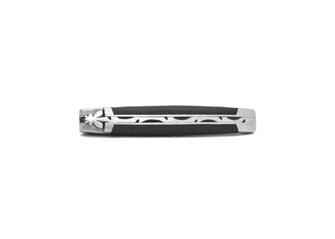 Laguiole pliant, 10 cm, abeille forgée, lame seule, acier Damas, mitres inox mat, manche fibre de carbone