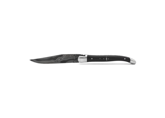 Laguiole pliant 11 cm, abeille forgée, lame seule en acier Damas, manche bois d'ébène avec finition mat
