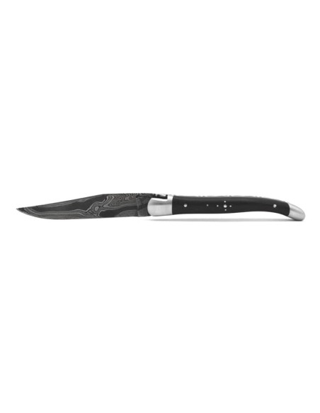 Laguiole 11cm, Damast Klinge, Heftbacken aus mattem Edelstahl,  Ebenholz