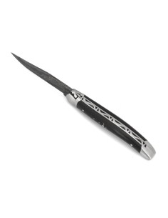 Laguiole 11cm, Damast Klinge, Heftbacken aus mattem Edelstahl,  Ebenholz