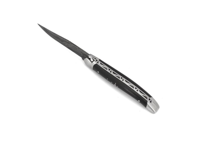 Laguiole pocket knife, 11 cm, forged bee, Damascus steel blade, ebony wood handle with shiny bolsters
