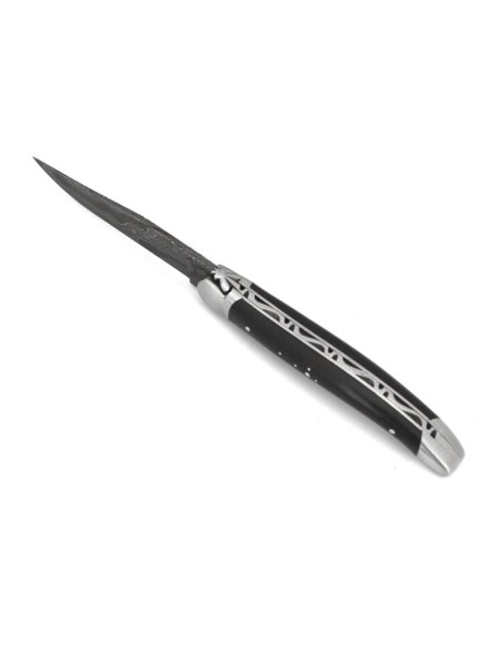Laguiole 11cm, Damast Klinge, Heftbacken aus mattem Edelstahl,  Ebenholz