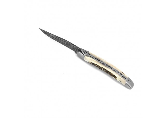 Laguiole pocket knife, 11 cm, forged bee, Damascus steel blade, deer antler handle with matt bolsters