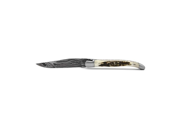 Laguiole pliant, 11 cm, acier Damas, abeille forgée, mitres inox mat, manche bois de cerf
