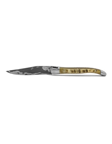 Laguiole pocket knife, 11 cm, forged bee, Damascus steel blade,  ram's horn handle with matt bolsters