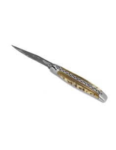 Laguiole 11cm, Damast Klinge, Heftbacken aus mattem Edelstahl,   Griff aus Widderhorn (mit Kruste)