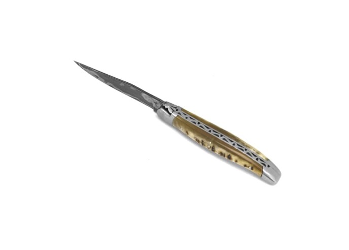 Laguiole 11cm, Damast Klinge, Heftbacken aus mattem Edelstahl,   Griff aus Widderhorn (mit Kruste)