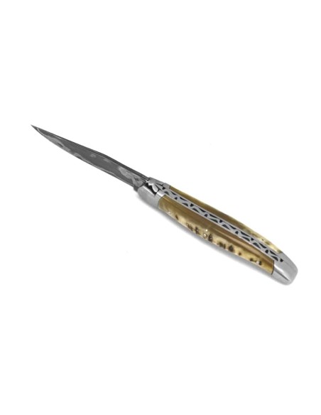 Laguiole 11cm, Damast Klinge, Heftbacken aus mattem Edelstahl,   Griff aus Widderhorn (mit Kruste)